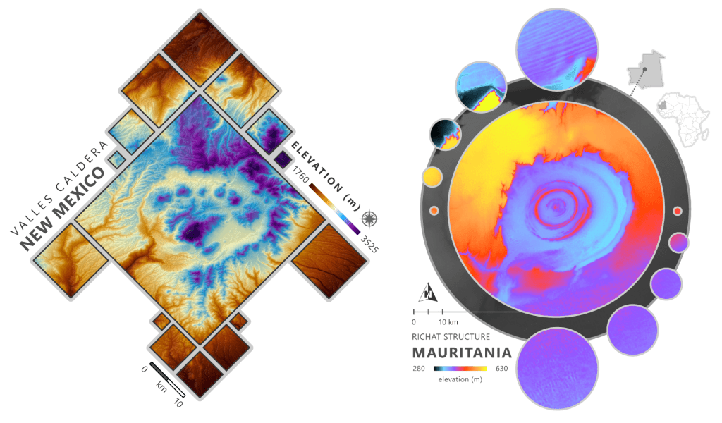 Images of elevation models of the Valles Caldera in New Mexico and the Richat Structure in Mauritania.