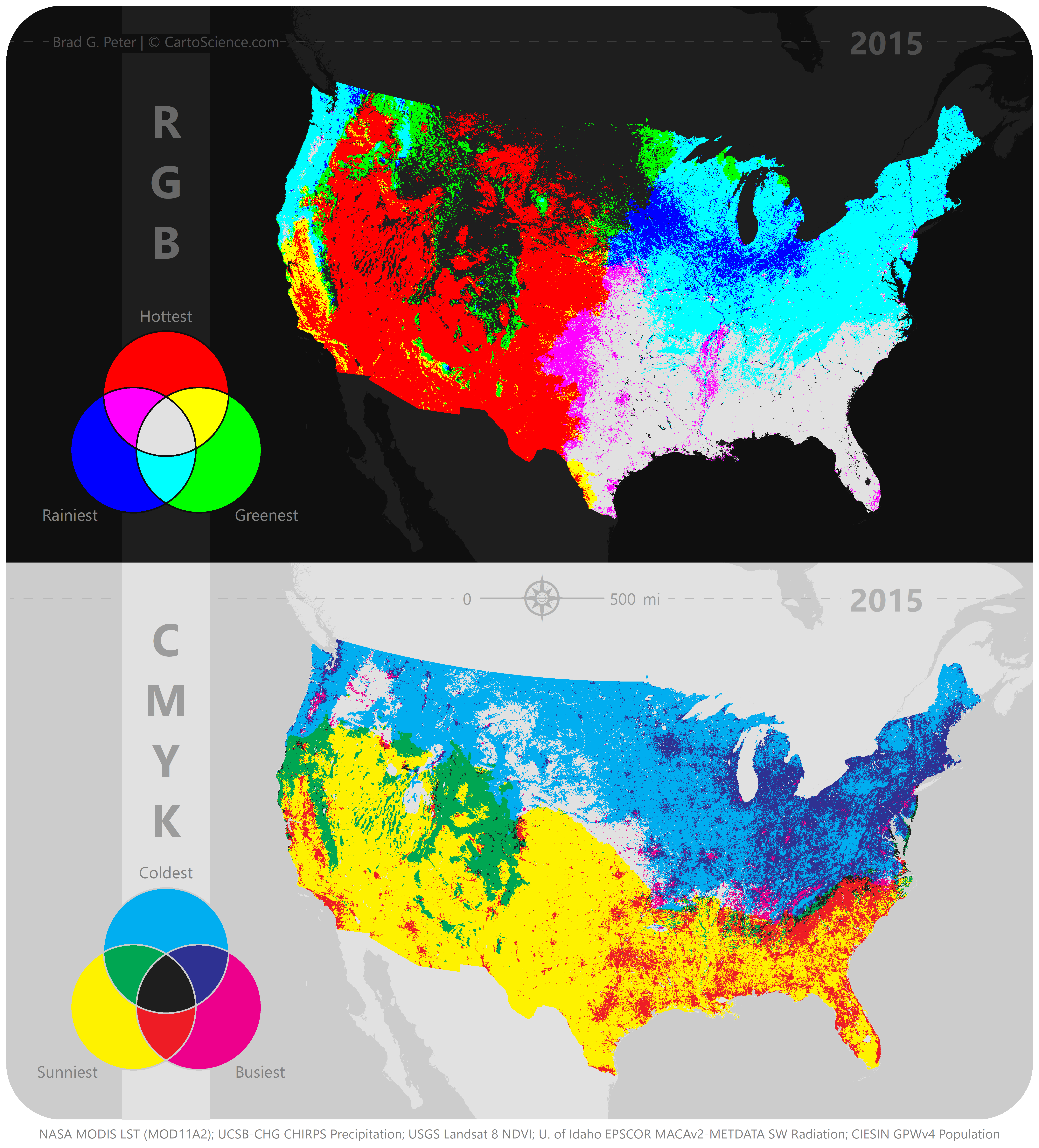 Maps of landscape characteristics across the U.S. using RGB and CMYK color palettes.